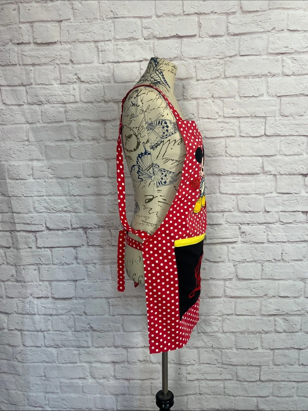 Handmade Red Polka Dot Mickey & Minnie Apron with Black 'Love' Pocket